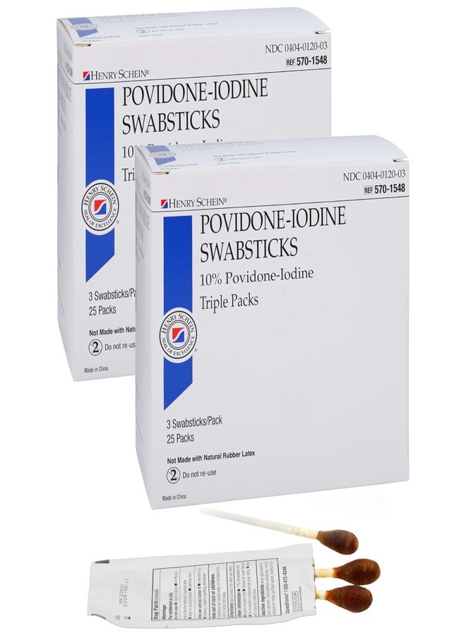 Henry Schein Prep Povidone-Iodine Swabsticks 3's, Individually Packed, Sterile, Antiseptic for Skin Preparation, 10% Povidone-Iodine- 50 Count (Pack of 2) - Image 1